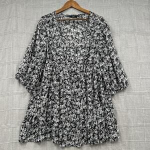 Expression Black White Floral Sheer Blouse Plus Size 26 Tiered Ruffle Pleated